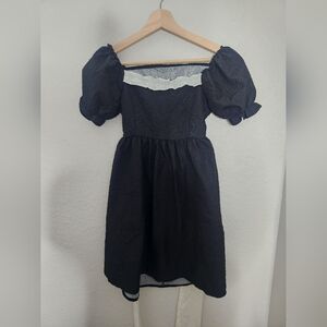 Japanese Chic Black Puff Sleeve Dress Bow A-Line Dress Party Short Sleeve